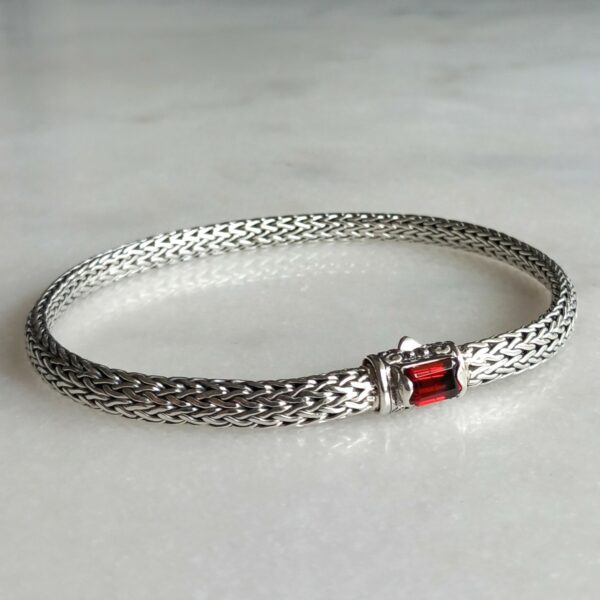Bracelet homme en argent massif avec grenat rouge, bijou fait main, maille serpent 5 mm