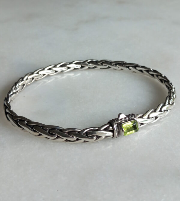 Bracelet homme argent massif maille épi de blé avec péridot vert