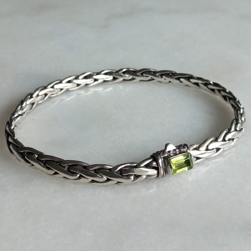 Bracelet homme argent massif maille épi de blé avec péridot vert